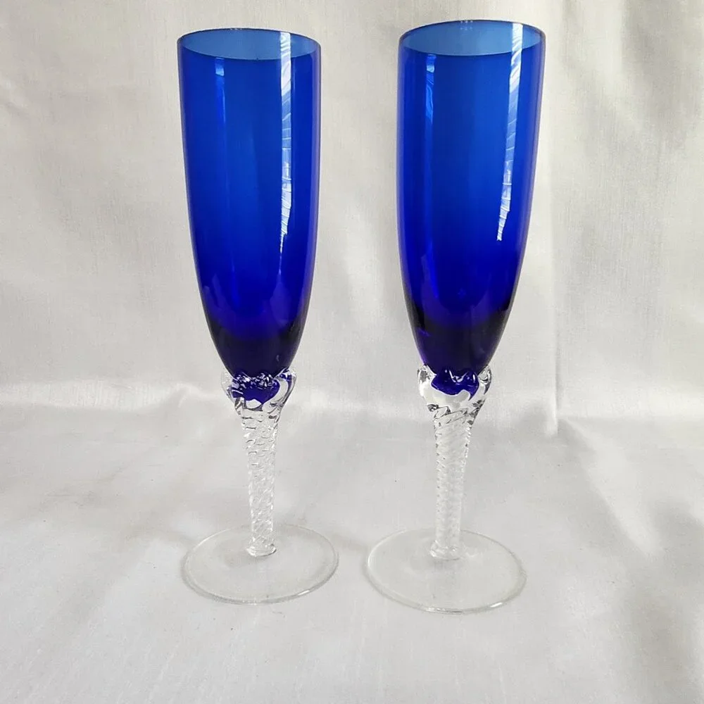 Elegant Blue Crystal Champagne Flutes With Clear Textured Stems Set Of 4 8.5